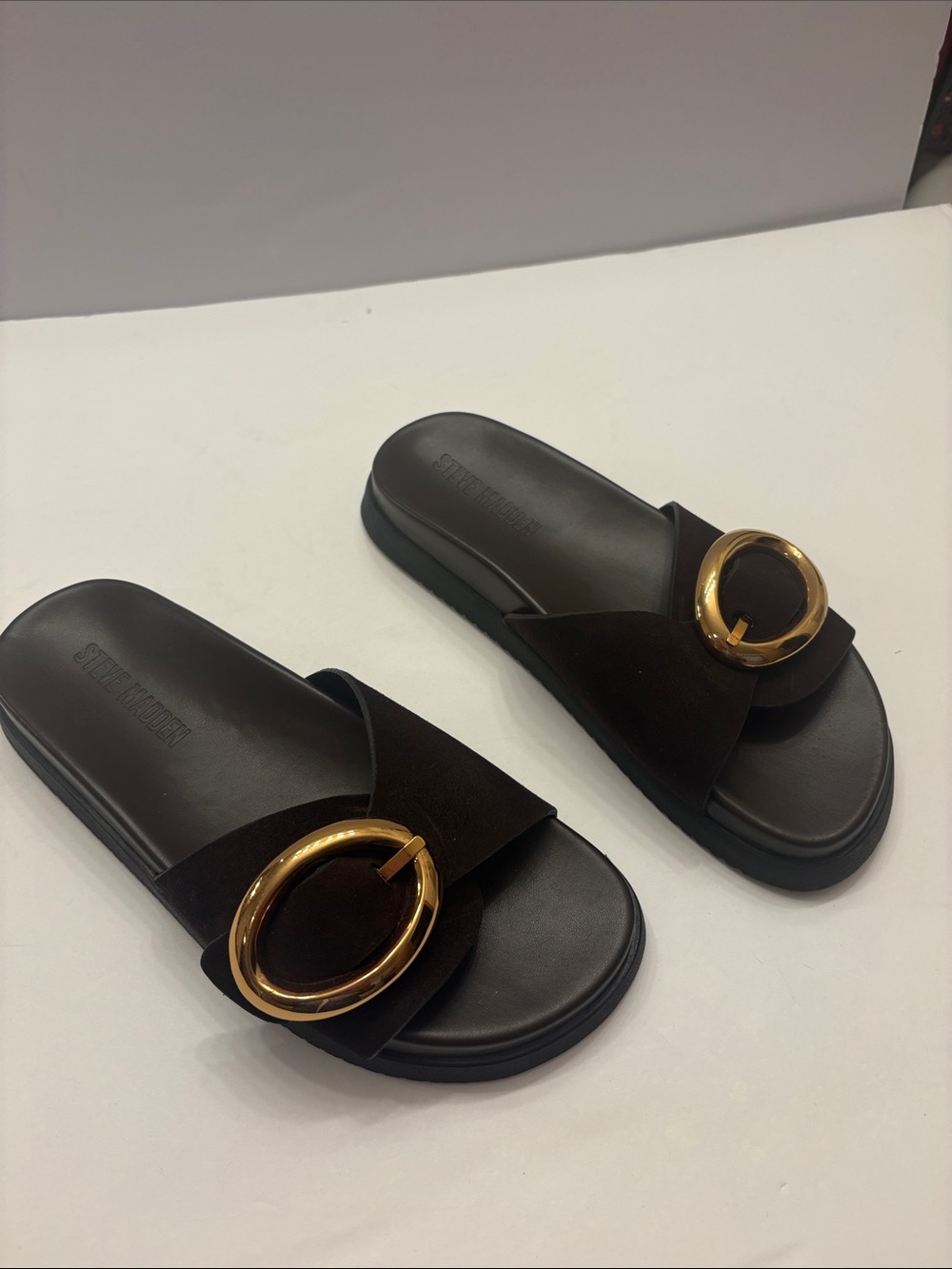 Steve Madden Brown Slide Sandals with Gold Ring Accent